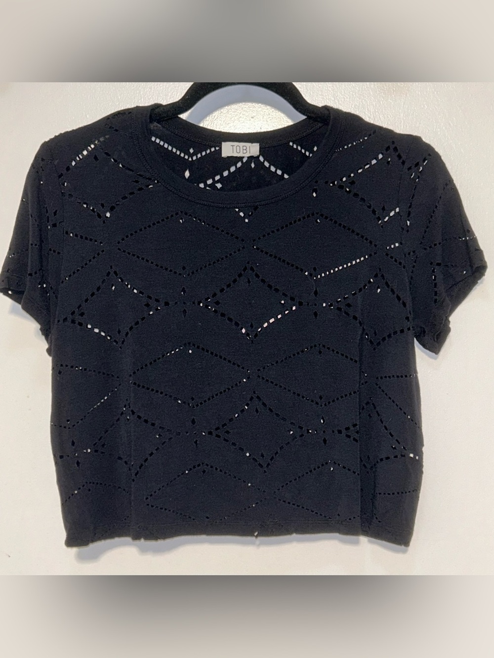 Tobi Black Geometric Eyelet Knit Crop Top